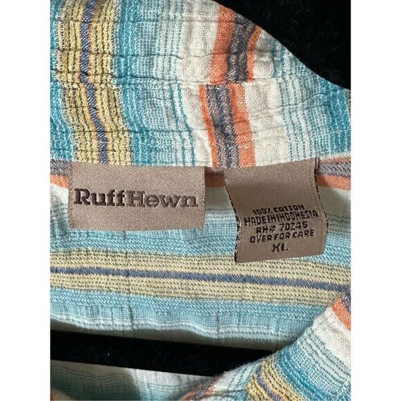 Ruff Hewn Shirt Mens XL Turquoise Tan Striped Hawaiian Button Up SS Beach - Picture 2 of 12